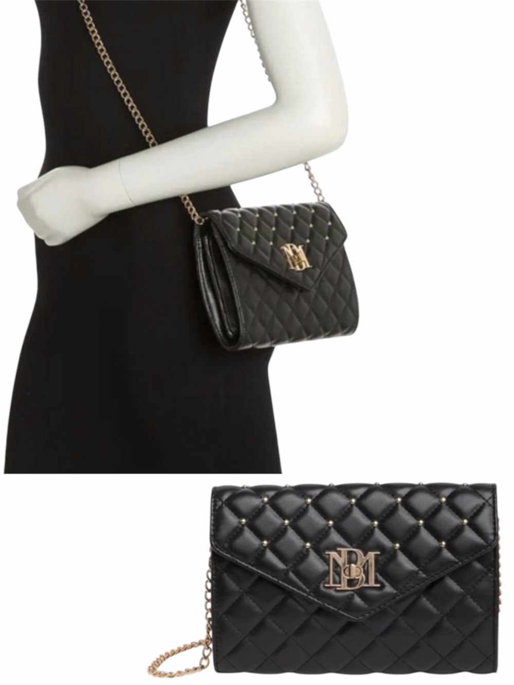 Badgley Mischka Black Diamond Stitch Quilted Crossbody Bag with Gold Chain
